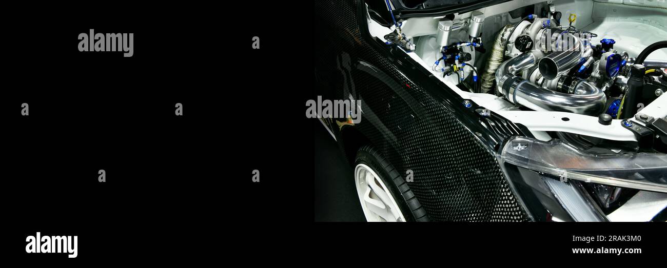 Close up details of car engine. Modification of the turbo engine, copy space Stock Photo