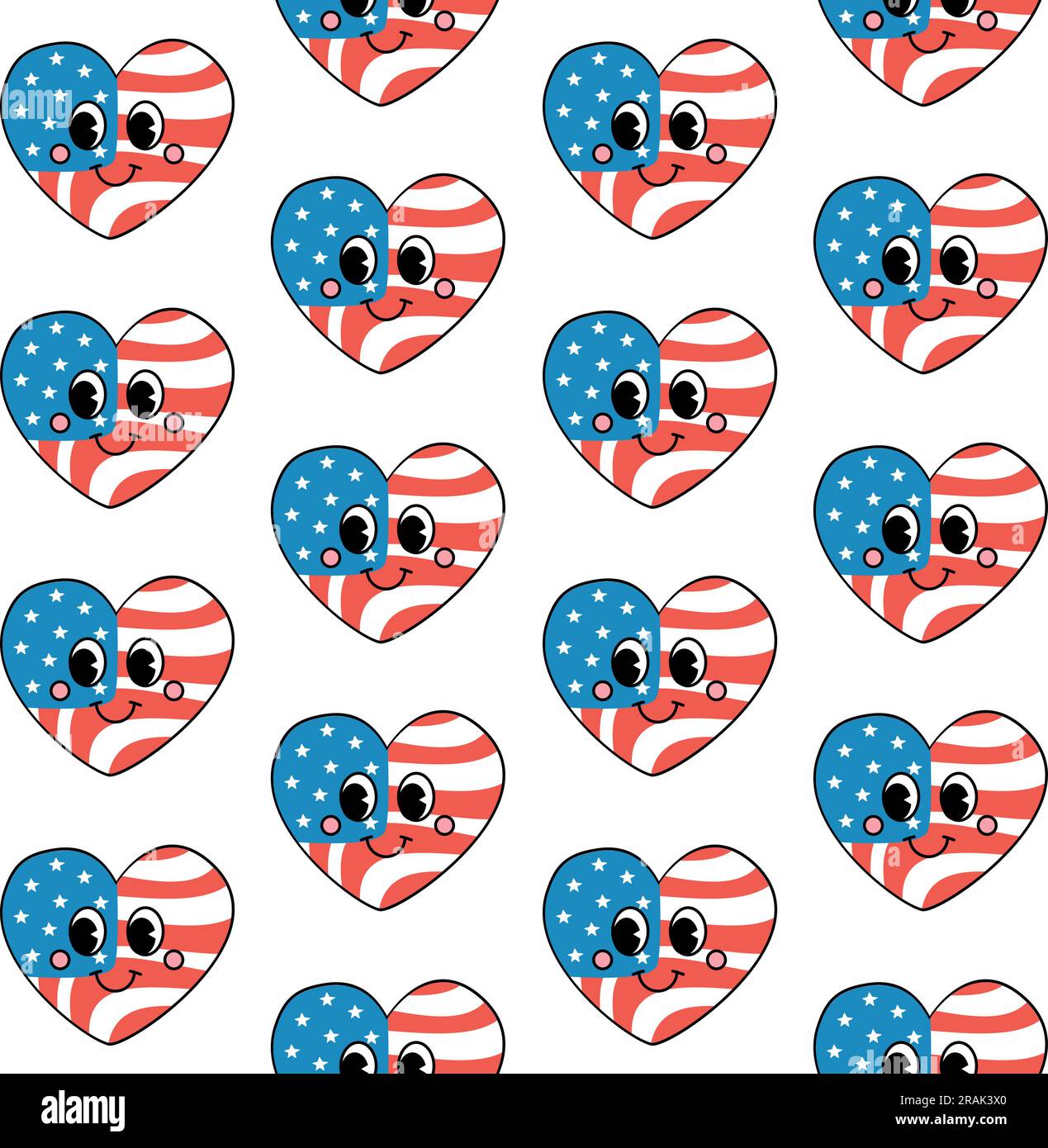 Vector seamless pattern of retro groovy American flag heart with face ...