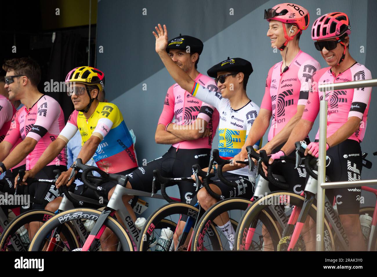 Bilbao, Spain - July 1, 2023: presentation of the EF EDUCATION - EASYPOST team in the first stage of the 2023 Tour with departure and arrival in Bilba Stock Photo