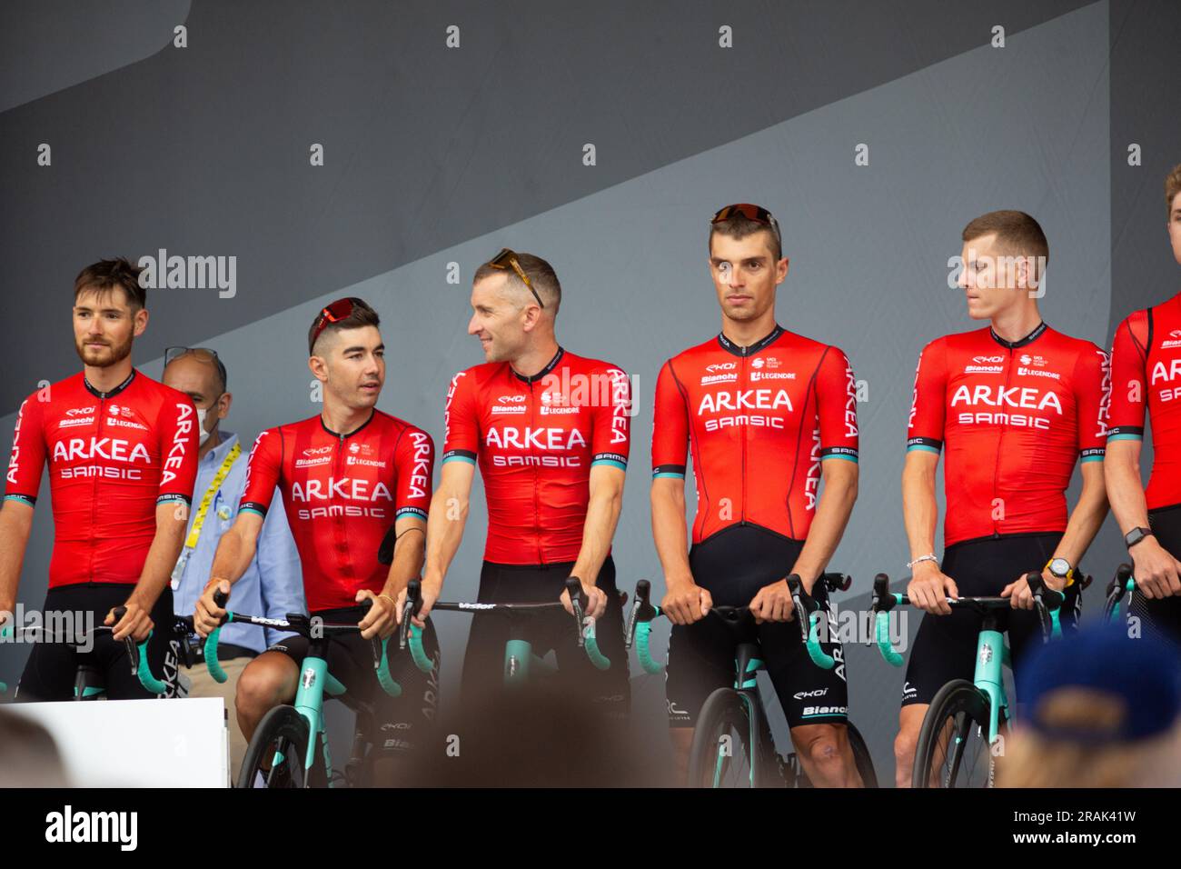 Bilbao, Spain - July 1, 2023: presentation of the Arkea-Samsic team in the first stage of the 2023 Tour with departure and arrival in Bilbao. Stock Photo