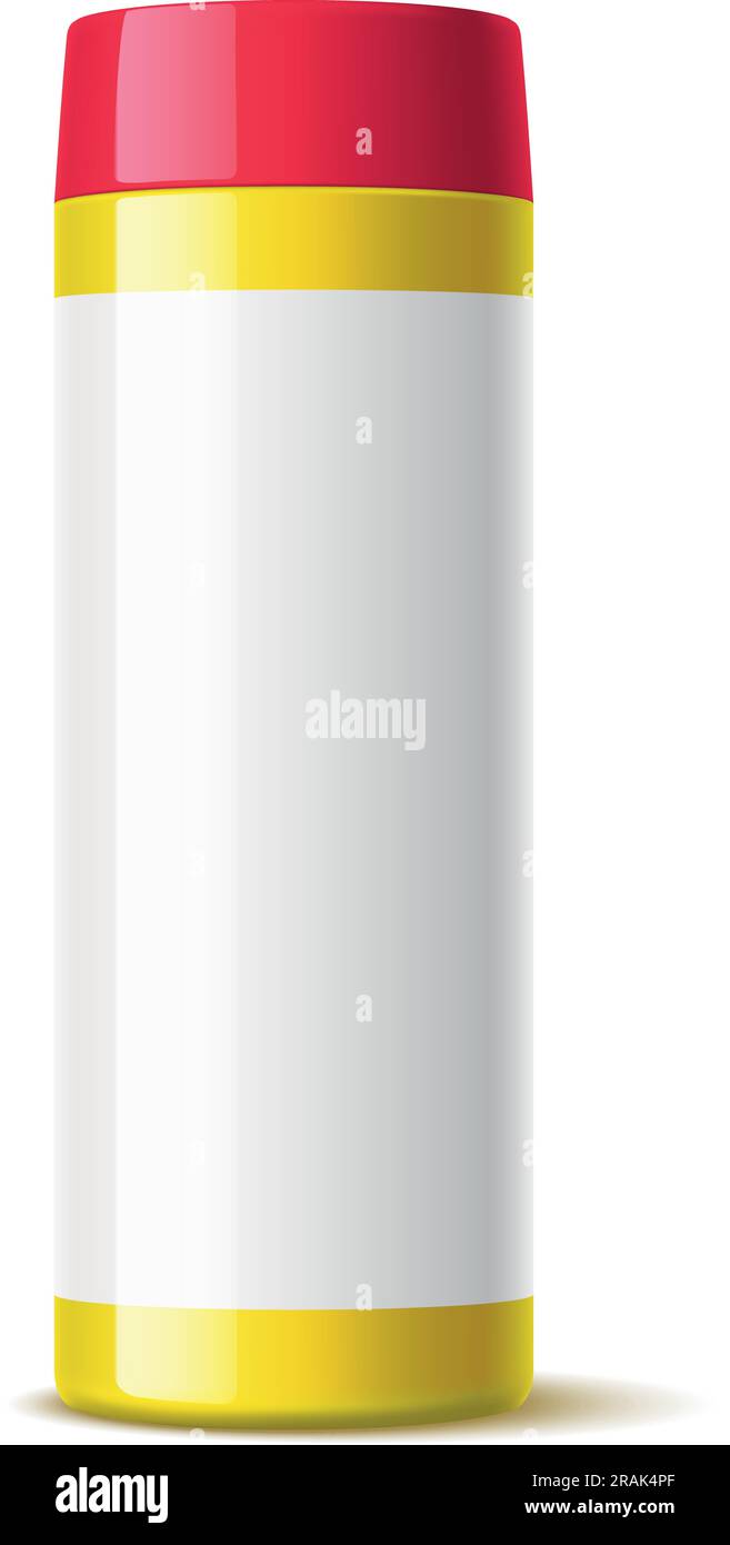 Yellow detergent bottle with red lid. Plastic chemical container realistic mockup Stock Vector