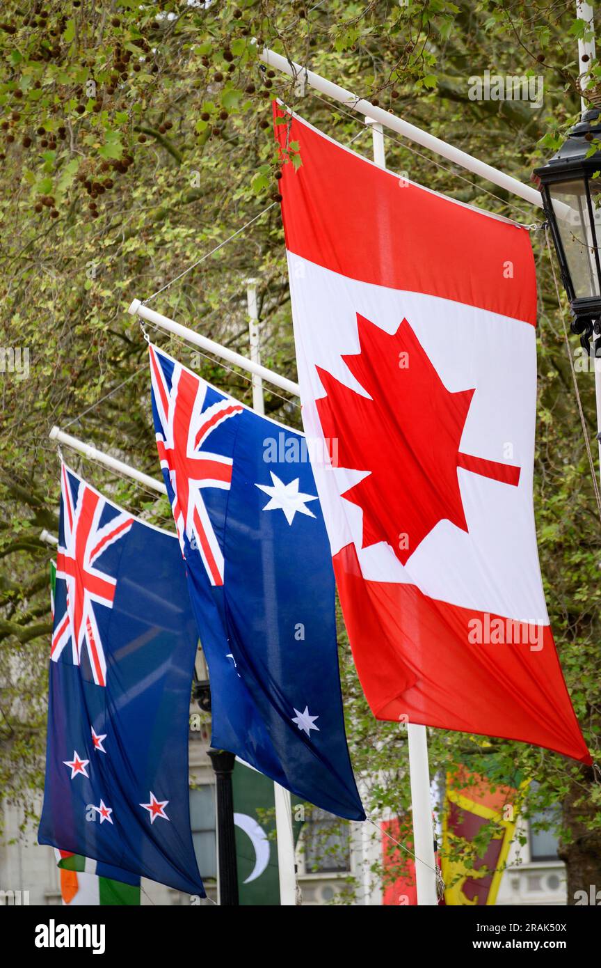 London, UK. Flags of Canada, Australia and New Zealand flying on Horse Guards Road, Westminster Stock Photo