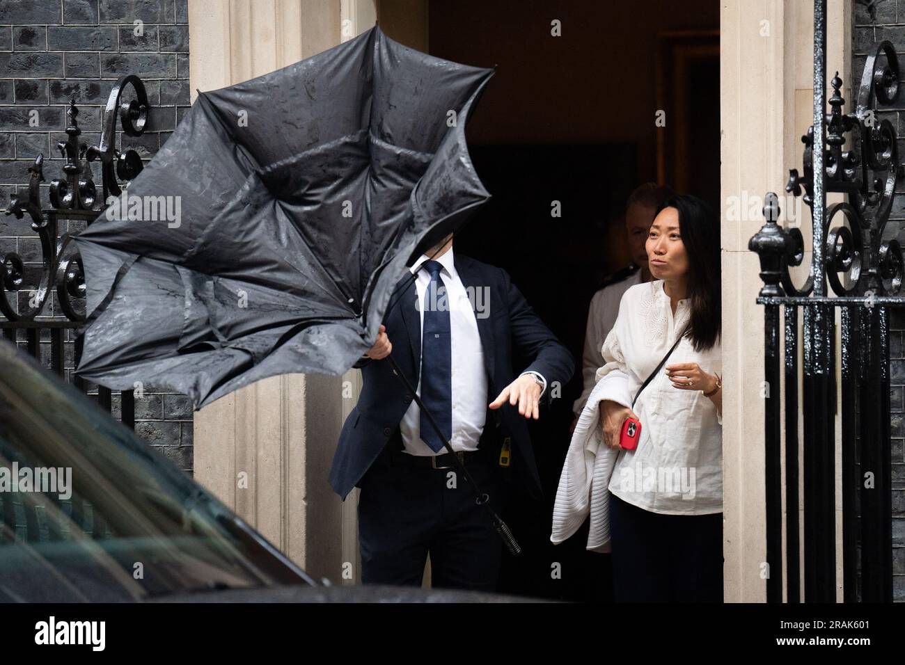 Lucia Guo, the wife of the Chancellor of the Exchequer Jeremy Hunt leaves 10 Downing Street in London. Picture date: Tuesday July 4, 2023. Stock Photo