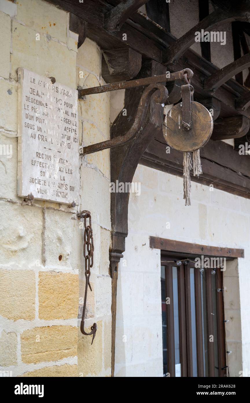 An old wooden pully or hoist ona medieval buildlng in Chinon Loire