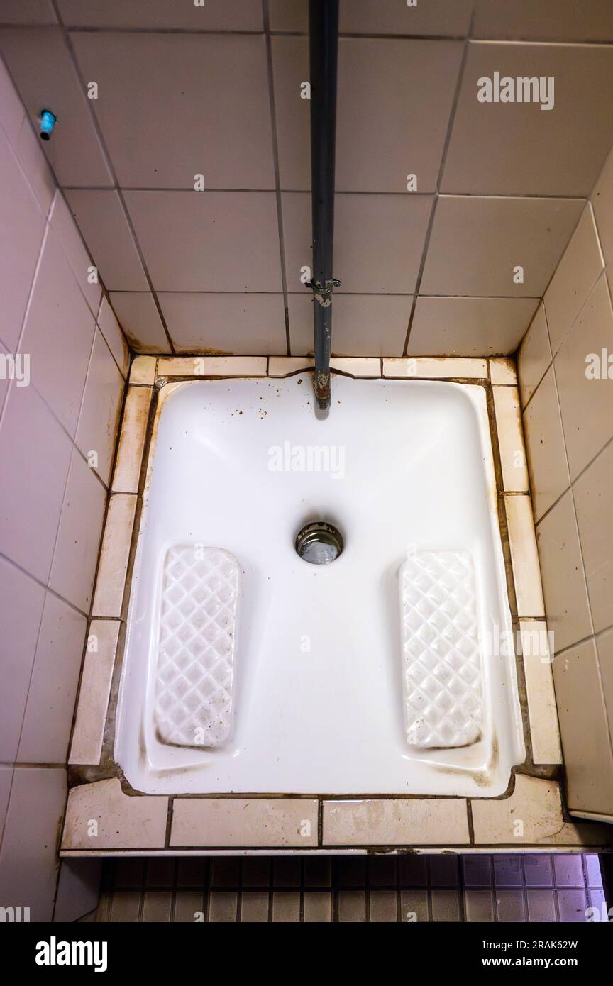 A squat or squatting toilet in France, sometimes known as Turkish toilets. Stock Photo