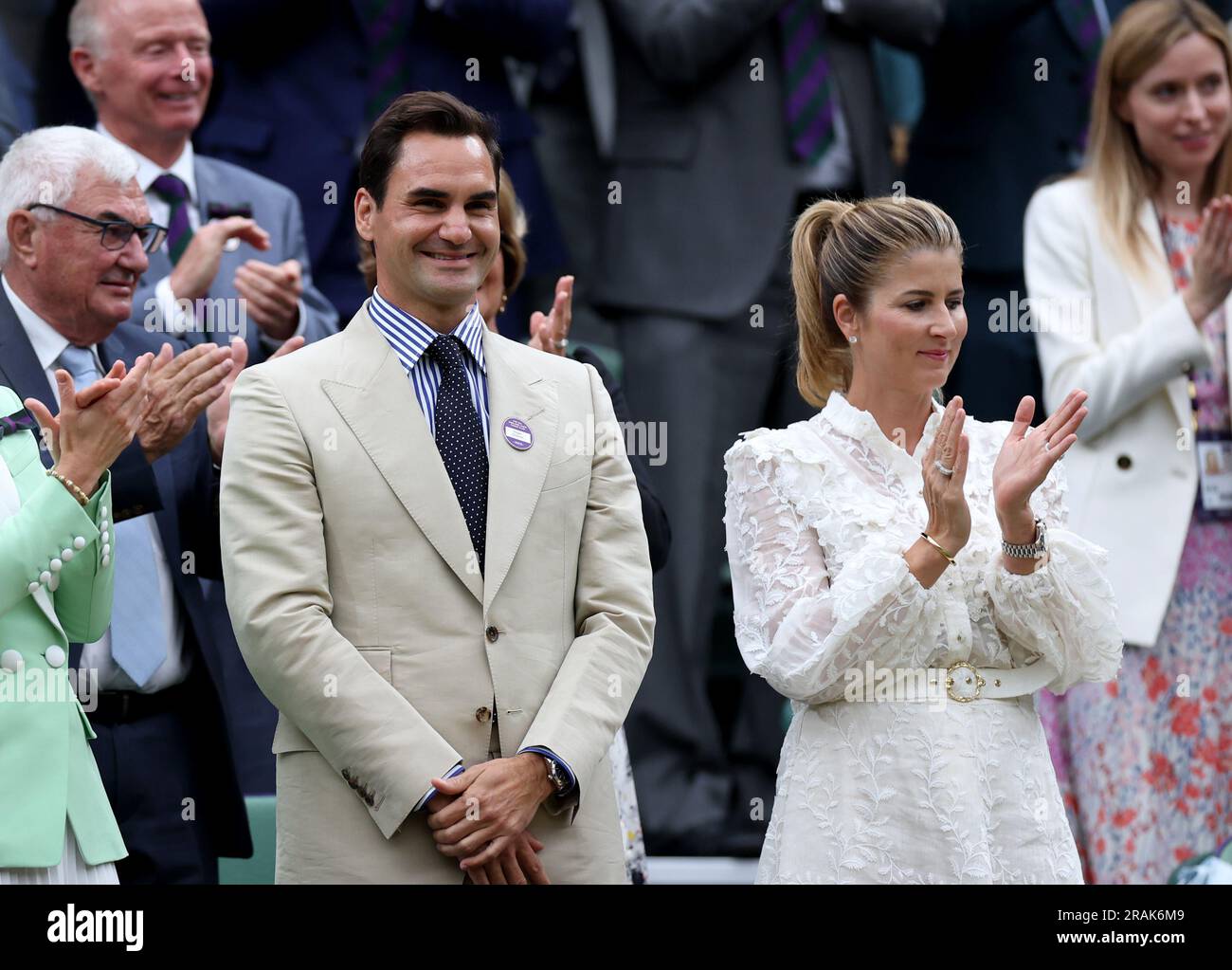 London, Britain. 4th July, 2023. Roger Federer (L) stands with his wife Mirka Federer at Centre Court ahead of play on Day 2 of Wimbledon Tennis Championships in London, Britain, July 4, 2023. Credit: Li Ying/Xinhua/Alamy Live News Stock Photo