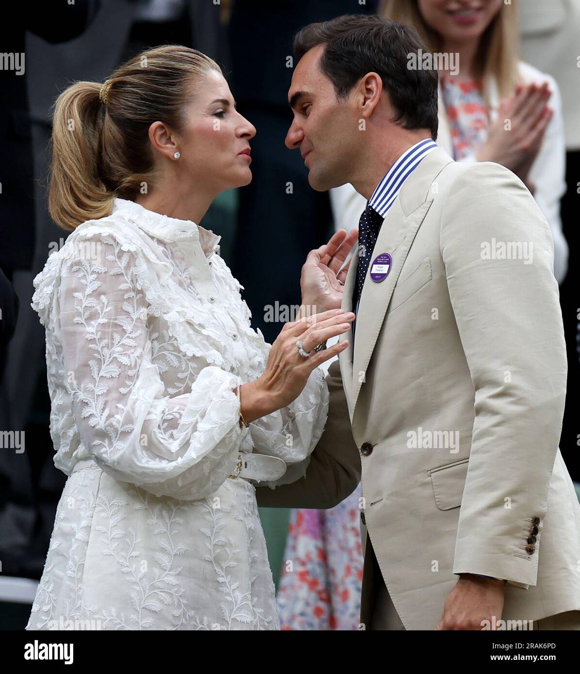 London, Britain. 4th July, 2023. Roger Federer (R) and his wife Mirka Federer are seen at Centre Court ahead of play on Day 2 of Wimbledon Tennis Championships in London, Britain, July 4, 2023. Credit: Li Ying/Xinhua/Alamy Live News Stock Photo