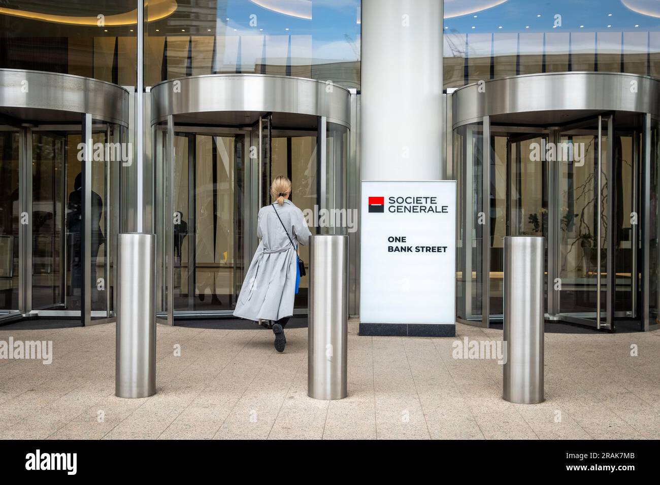 London- June 2023: Societe Generale or SocGen building in Canary Wharf- French multinational financial services company Stock Photo