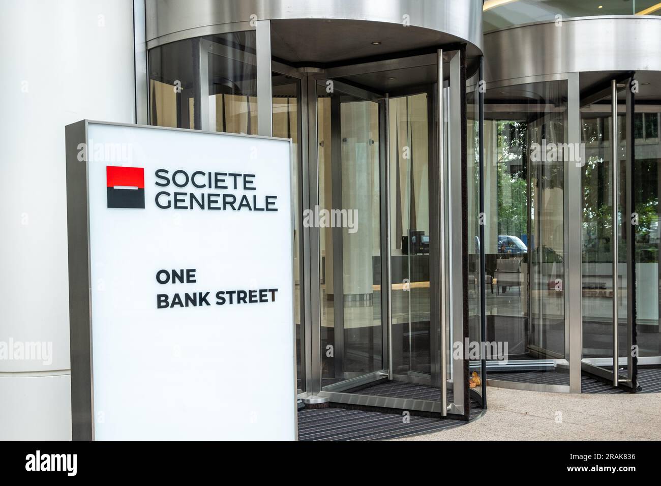 London- June 2023: Societe Generale or SocGen building in Canary Wharf- French multinational financial services company Stock Photo