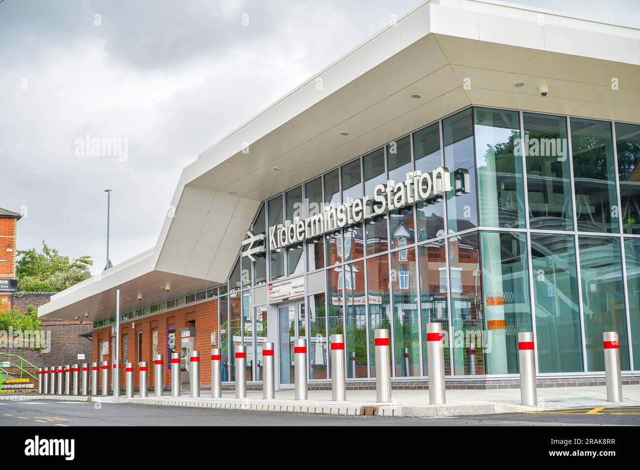 Front view of the new, modern, railway station entrance at