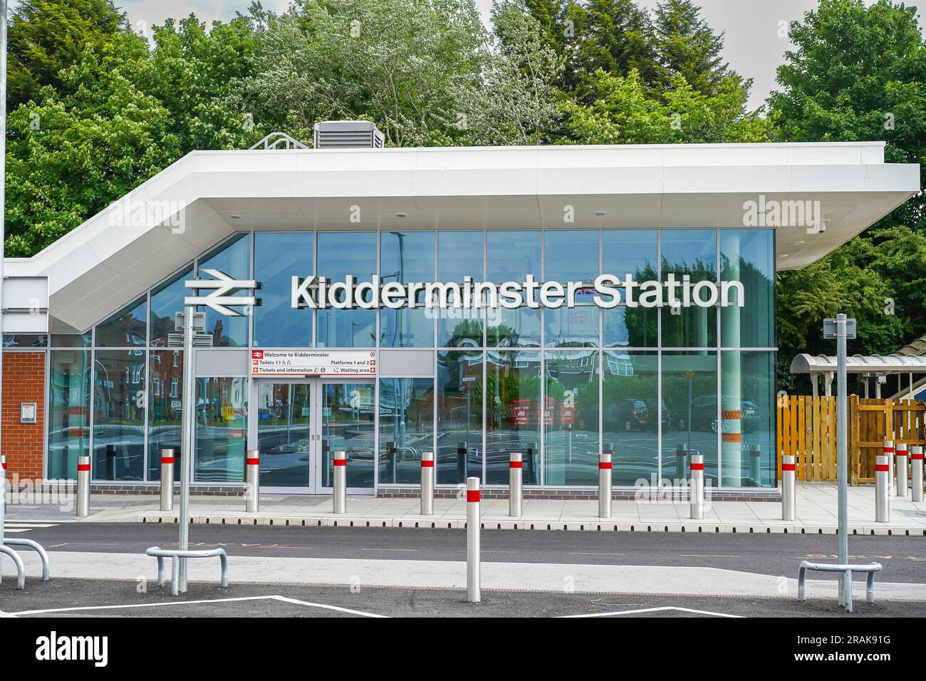 Front view of the new, modern, railway station entrance at