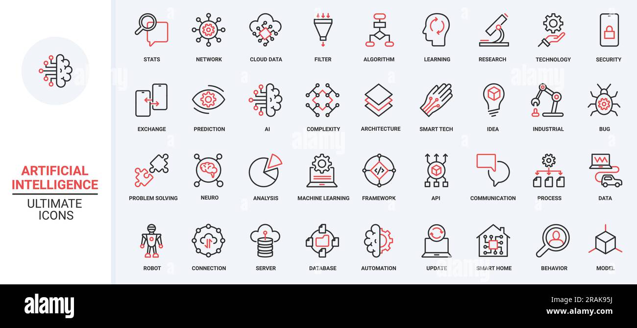 AI trendy red black thin line icons set vector illustration. Digital brain of bot and automatic machine learning, science future technology and automation network process, electronic smart tech system Stock Vector