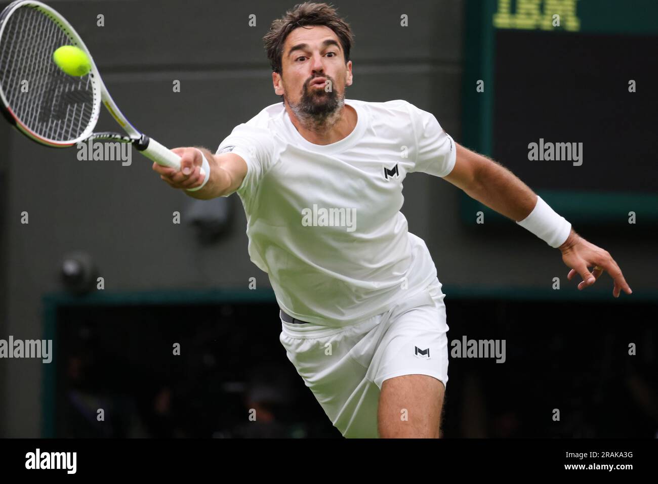 Wimbledon. Jeremy Chardy of, France. 04th July, 2023. during first round match against Carlos Alcaraz of Spain at Wimbledon. Alcaraz won the match in straight sets. Credit: Adam Stoltman/Alamy Live News Stock Photo