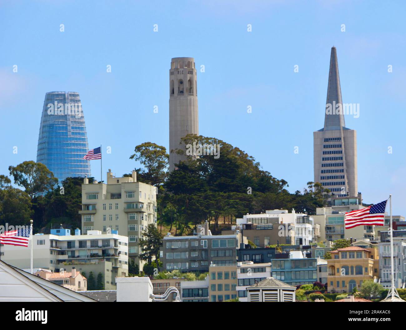 Coit Memorial Tower Transamerica Pyramid Salesforce Tower from Pier 39 San Francisco California USA Stock Photo