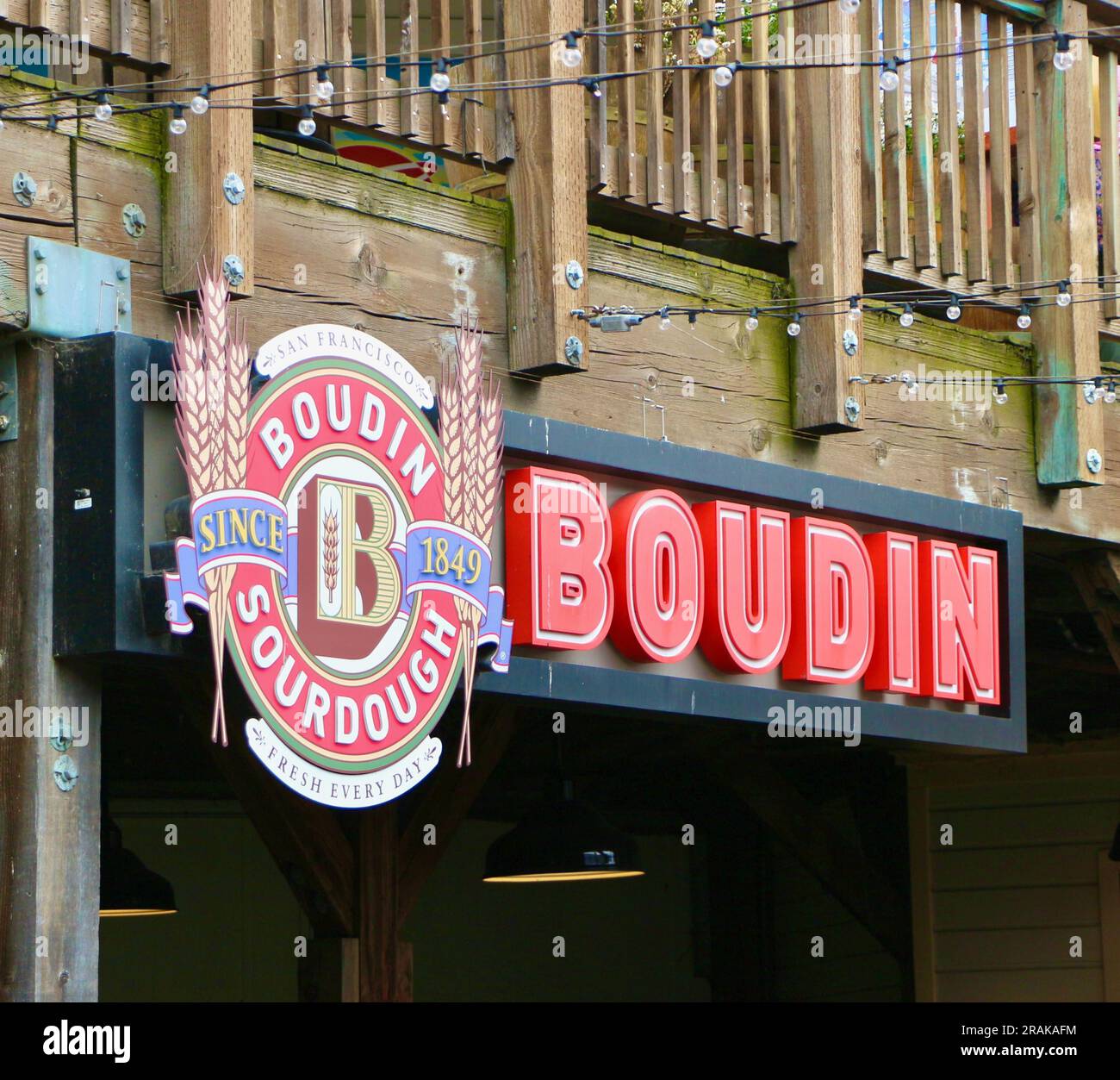 Sign for Boudin Sourdough Since 1849 restaurant Pier 39 San Francisco California USA Stock Photo