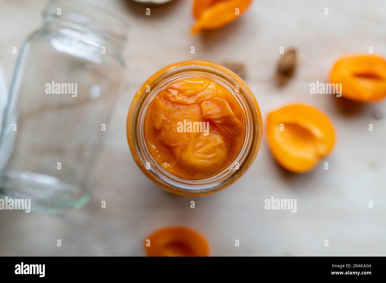 Apricot compote in a jar from above Stock Photo