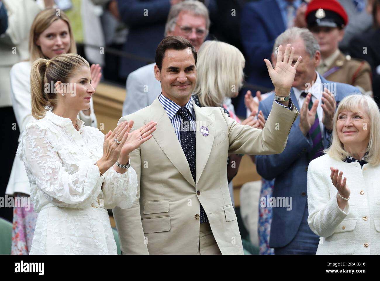 London, Britain. 4th July, 2023. Roger Federer (front C) and his wife Mirka Federer (front L) are seen at Centre Court ahead of play on Day 2 of Wimbledon Tennis Championships in London, Britain, July 4, 2023. Credit: Han Yan/Xinhua/Alamy Live News Stock Photo