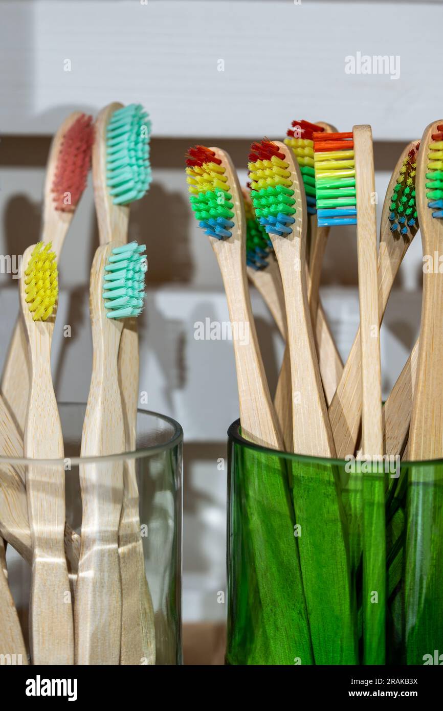 Eco friendly toothbrushes made of bamboo with recycled plastic bristles