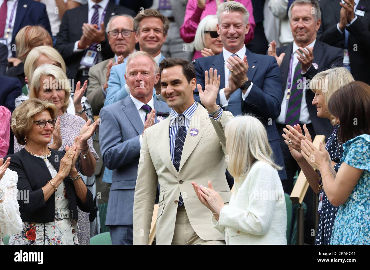 London, UK. 04th July, 2023. Swiss tennis champion Roger Federer waves after being honoured in the Royal box on centre court on day two of the 2023 Wimbledon championships in London on Tuesday, July 04, 2023. Photo by Hugo Philpott/UPI Credit: UPI/Alamy Live News Stock Photo