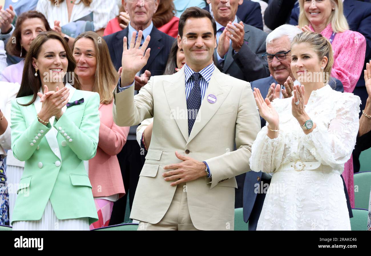 London, UK. 04th July, 2023. Catherine The Princess of Wales claps Roger Federer in the Royal box on centre court on day two of the 2023 Wimbledon championships in London on Tuesday, July 04, 2023. Photo by Hugo Philpott/UPI Credit: UPI/Alamy Live News Stock Photo