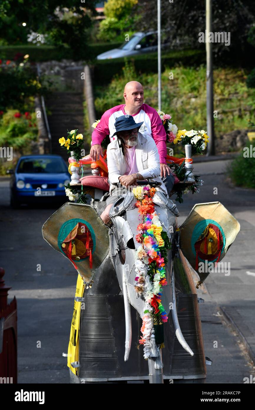 The Commonwealth Games Queen's Baton Relay crossing the Ironbridge on a mechanical elephant. Stock Photo