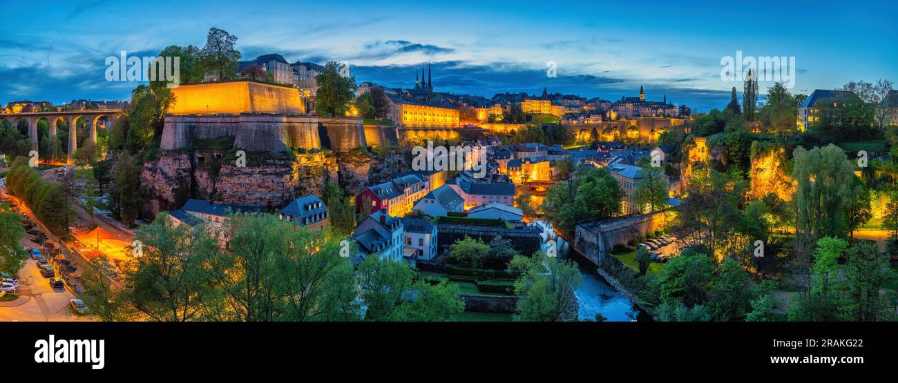 Grand Duchy of Luxembourg, night city skyline at Grund along Alzette river in the historical old town of Luxembourg Stock Photo