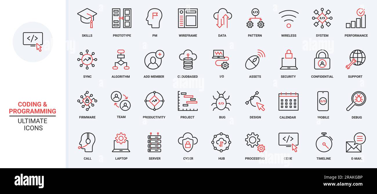 Support for computer software, program code trendy red black thin line icons set vector illustration. Maintenance cloud service, data export, modify synchronisation with server, antivirus programming. Stock Vector