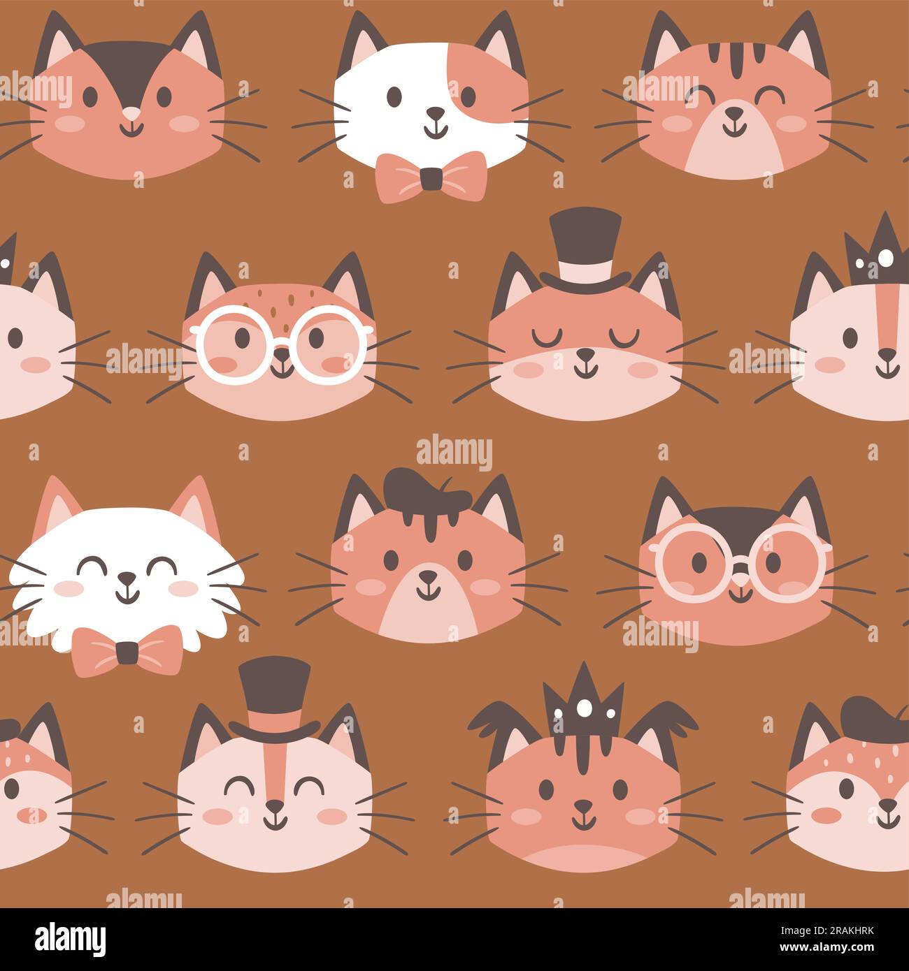 Costume cats seamless pattern. Funny cat faces with accessories like bow ties, hats and glasses. Nursery decoration. Square repeat pattern design. Vec Stock Vector