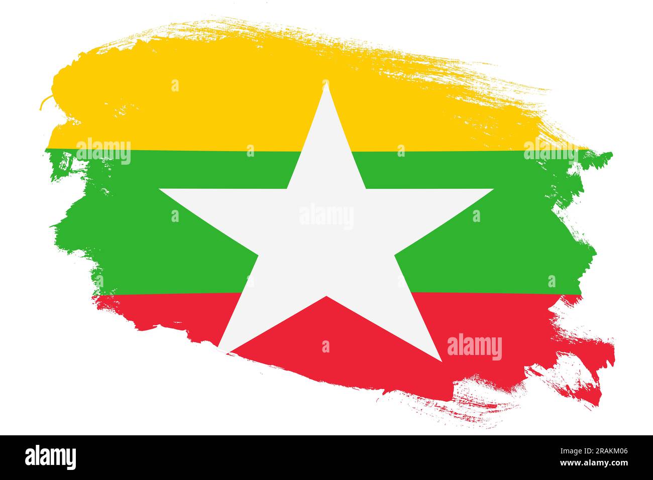 National flag of Myanmar on grunge stroke brush textured white background Stock Photo