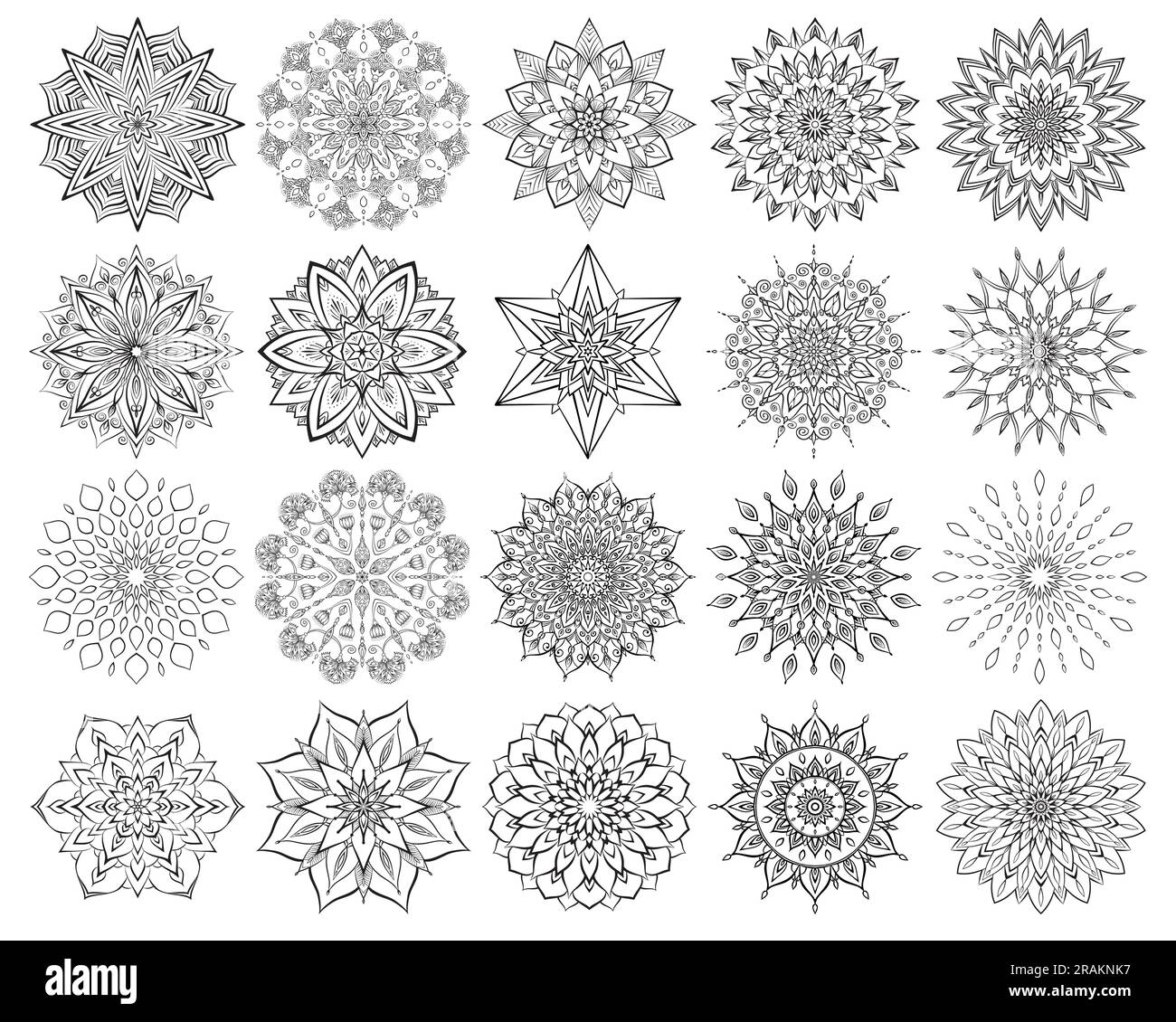 Flower mandalas set. Intricate and simple mandalas coloring pages Stock Vector