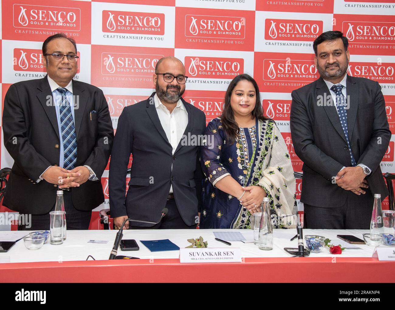 July 4, 2023, Kolkata, West Bengal, India: Senco Gold, one of the premium player in the field of gold and diamond jewelry retail & manufacturing business in India has launched its IPO on 4th July, 2023 Indian capital markets. Different moments of press conference held on yesterday at The Grand hotel, Kolkata. Sanjay Banka, CFO, Senco Gold Limited ; Suvankar Sen, MD & CEO, Senco Gold Limited ; Joita Sen, Director, Senco Gold Limited ; Sandeep Sharma, Executive Director, Ambit Private Limited (Credit Image: © Amlan Biswas/Pacific Press via ZUMA Press Wire) EDITORIAL USAGE ONLY! Not for Commercia Stock Photo