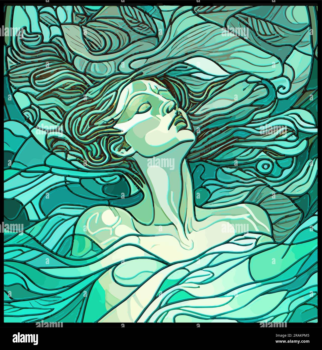 Vector of woman swimming in lake, art nouveau style Stock Vector