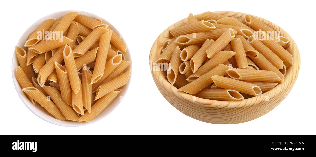Image showcasing Wolegrain penne pasta from durum wheat in bowl isolated on white ...
