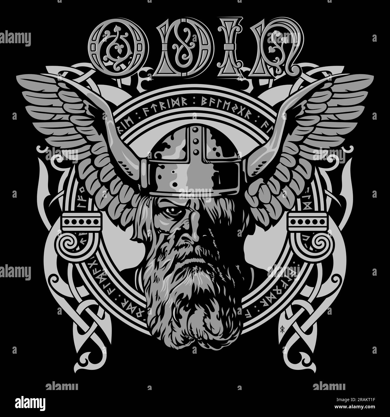 Scandinavian Viking design. Ancient Norse God Odin wearing a helmet with the wings of an eagle and an ancient Celtic-Scandinavian pattern Stock Vector