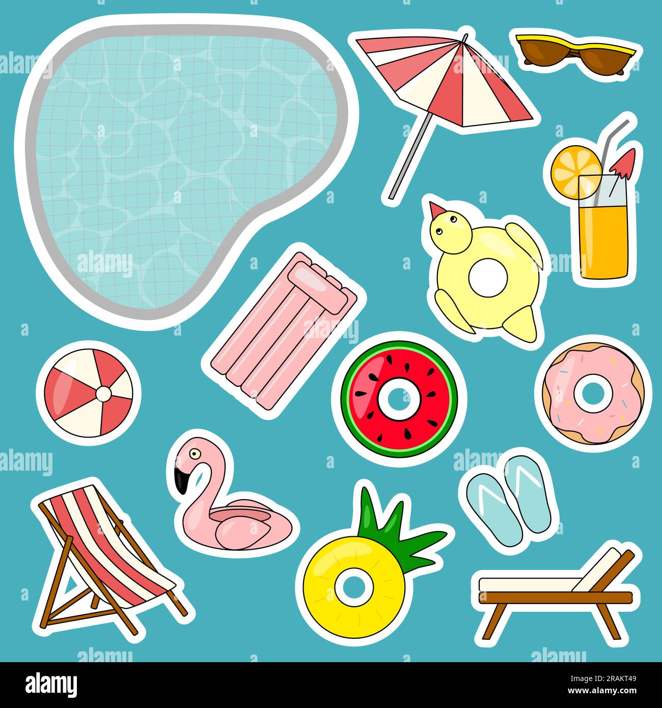 Summer sticker pack with swimming pool, inflatable rings, cocktail ...