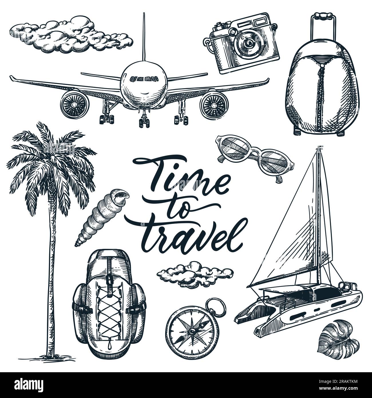 Time to travel calligraphy lettering and summer vacation design elements set. Vector doodle sketch illustration. Palm, backpack, plane, yacht, compass Stock Vector