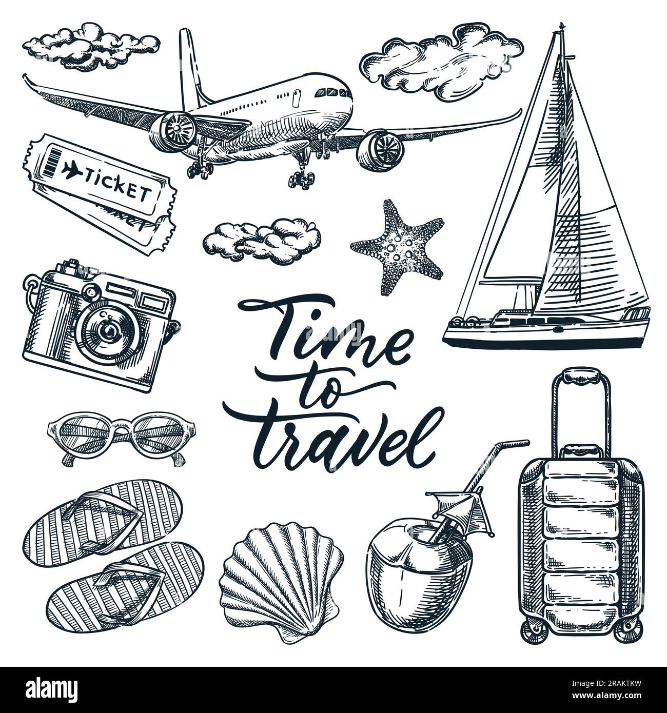 Time to travel calligraphy lettering and summer vacation design elements set. Vector doodle sketch illustration. Plane, yacht, cocktail and suitcase h Stock Vector