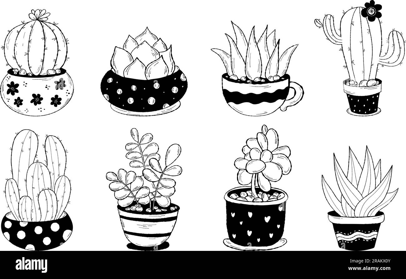 Cactus flowerpots doodles. Collection tropical houseplant. Vector illustration. Isolated hand drawings indoor plants in pots for design and decor Stock Vector