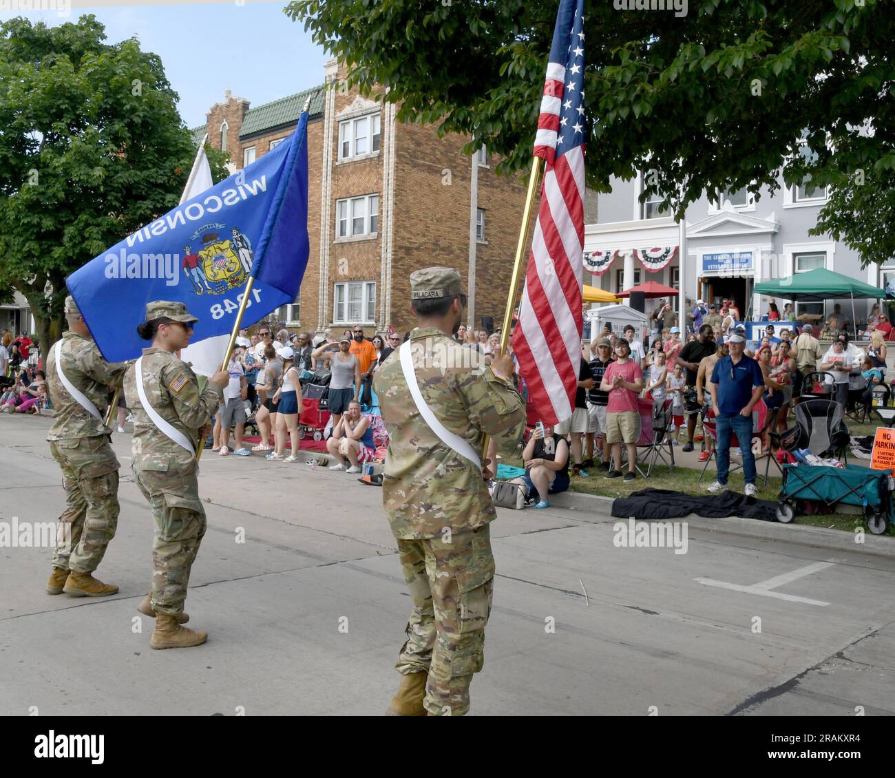 Racine, Wisconsin, USA. 4th July, 2023. The 4th Fest Color Guard pauses