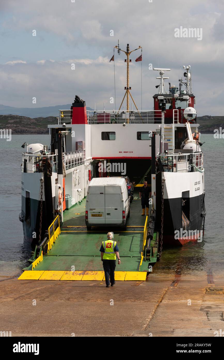 Isle of Iona, Mull, Scotland, UK. Vehicles loading MV Loch Buie via a ...