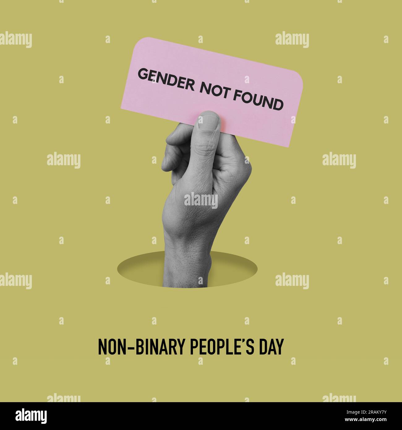 the text non-binary peoples day and a hand in black and white showing a pink signboard with the text gender not found, on a yellow background Stock Photo