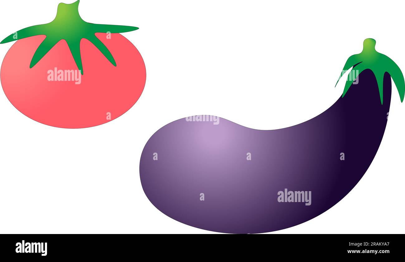 Tomato and eggplant on a white background, children's drawing. Vector