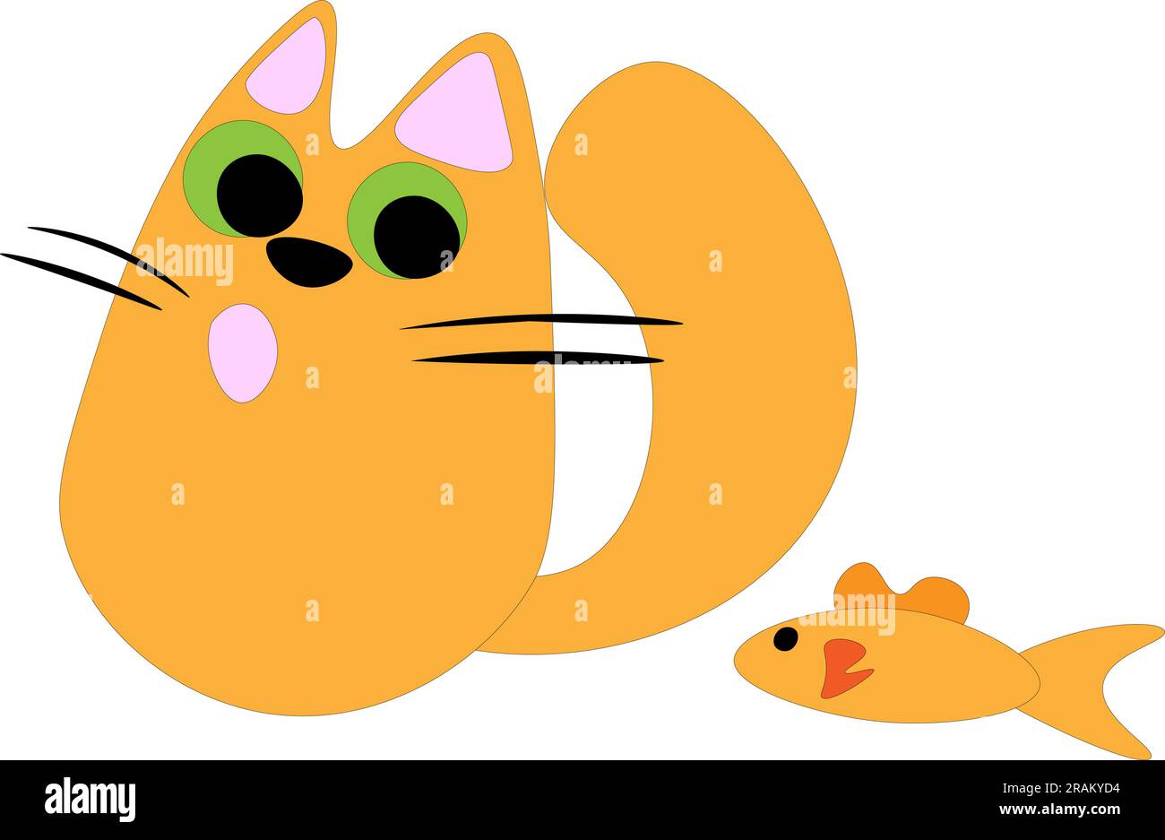 Funny red cat with a fish, children's drawing. Vector illustration