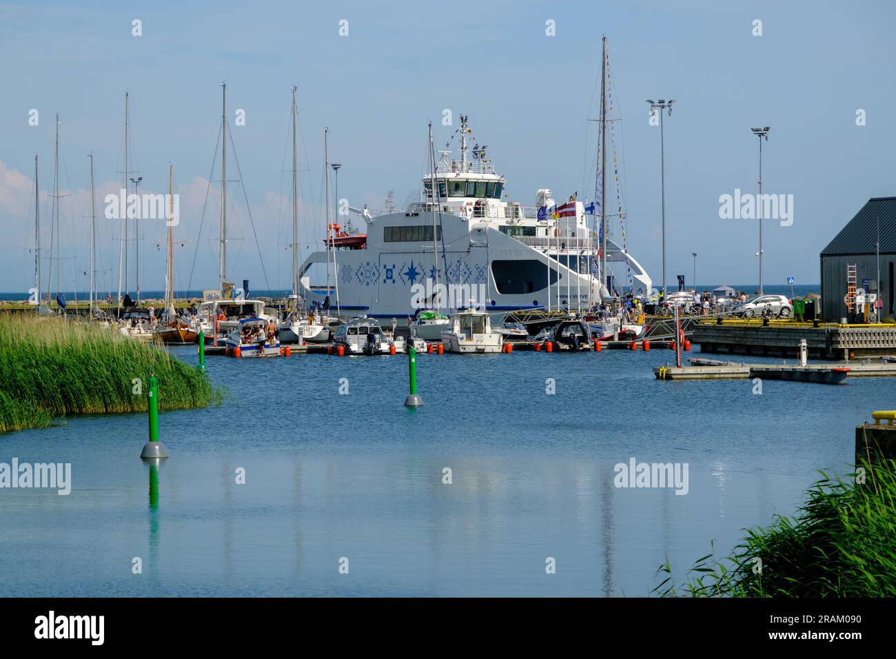 Kihnu, Estonia - June 23, 2023: Passenger ferry at harbor pier in
