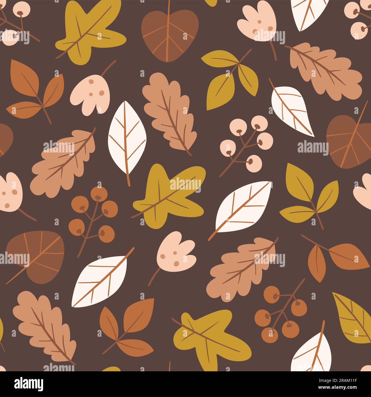 Vector seamless pattern with leaves and berries in cozy colors