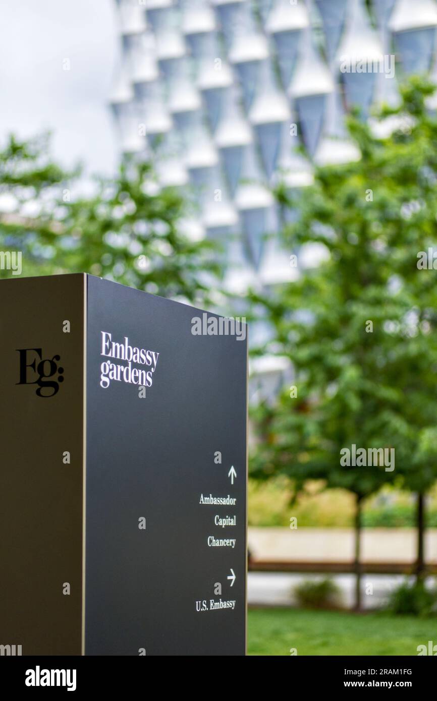 Embassy Gardens sign, Nine Elms, Borough of Wandsworth, London, England ...