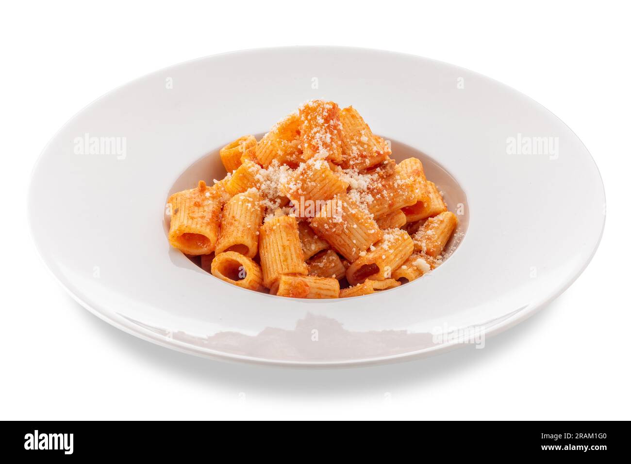 Mezze maniche macaroni with red tomato sauce and grated parmesan cheese in white plate, isolated on white, clipping path included Stock Photo
