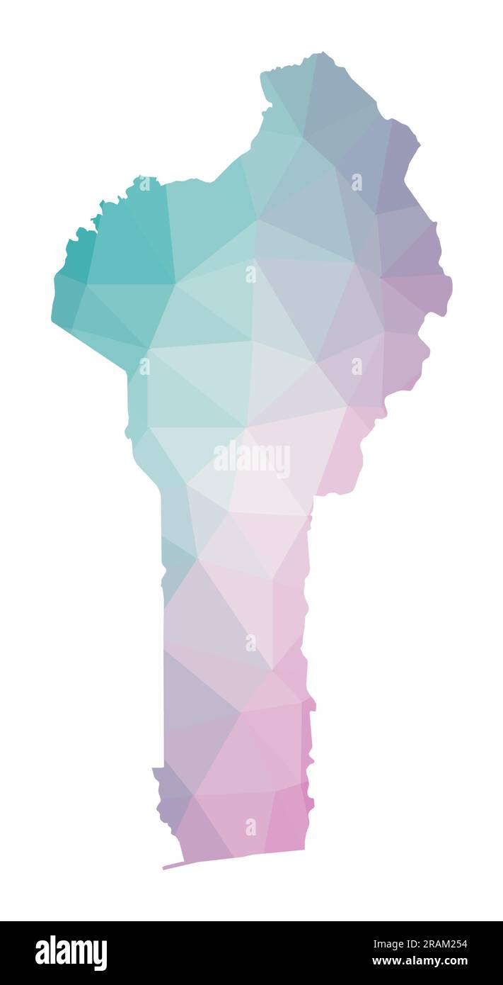 Polygonal map of Benin. Geometric illustration of the country in emerald and amethyst colors. Benin map in low poly style. Stock Vector