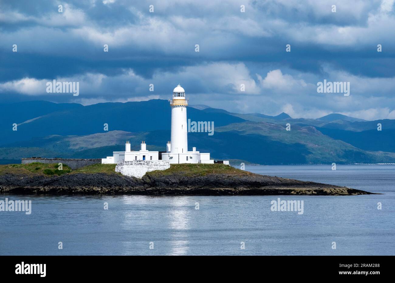 View of Lismore Lighthouse. Built by Robert Stevenson in 1833 and is situated on Eilean Musdile in the Firth of Lorne at the entrance to Loch Linnhe. Stock Photo