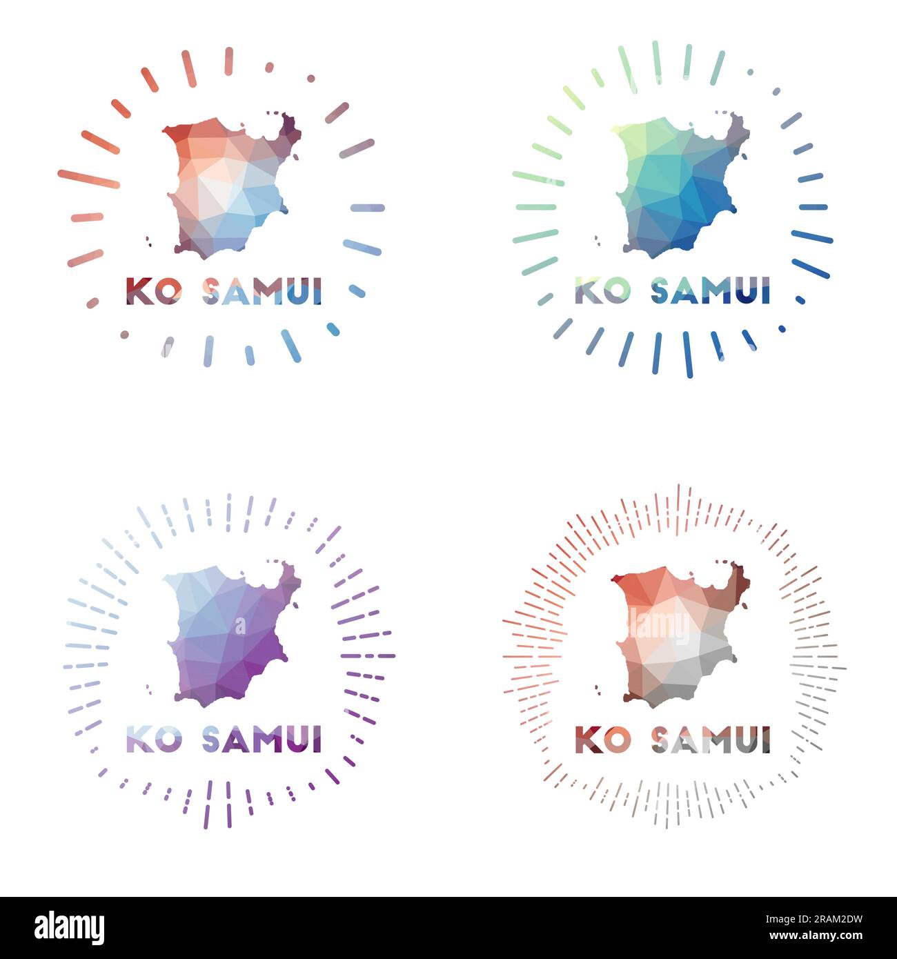Ko Samui low poly sunburst set. Logo of island in geometric polygonal style. Vector illustration. Stock Vector